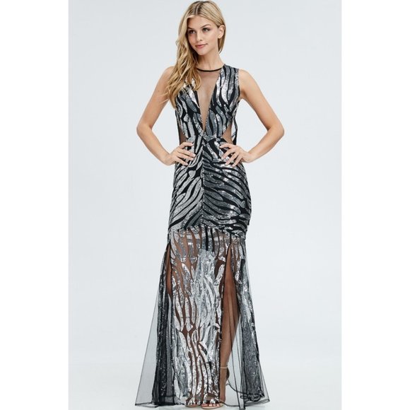 Dresses & Skirts - Silver Sequins Mesh Mermaid Maxi Dress